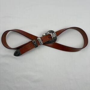 Vintage Another Line Leather Belt Western Engraved Buckle Tan Brown Size 30